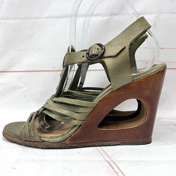 Frye Leather T-Strap Braided Gabrielle Gladiator Wood Cutout Wedge Heel Sandals - Picture 12 of 12